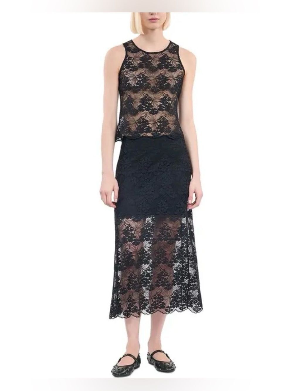 The Kooples Black Sheer Lace Midi skirt pencil slip skirt